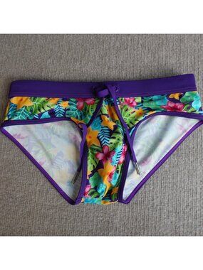 ST33LE Men's Swim Brief Small Blue Purple Floral Drawstring